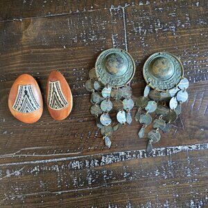 Vintage Lot of 2 Pairs Clip On Earrings Wood Metal Boho Festival Retro Tribal